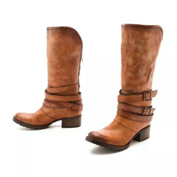 Freebird by Steven Shoes - FREEBIRD FB-DILLON BELTED Tall BROWN LEATHER BOOTS Buckle Strap Sherpa SZ US 8